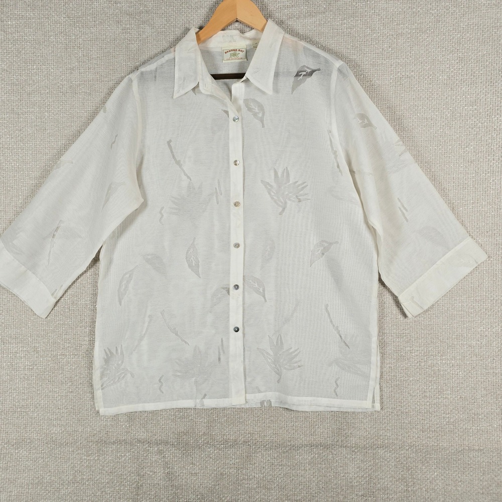 Banana Bay Womens XL White Tropical Floral Jacquard 3/4 Sleeve Button Up Blouse